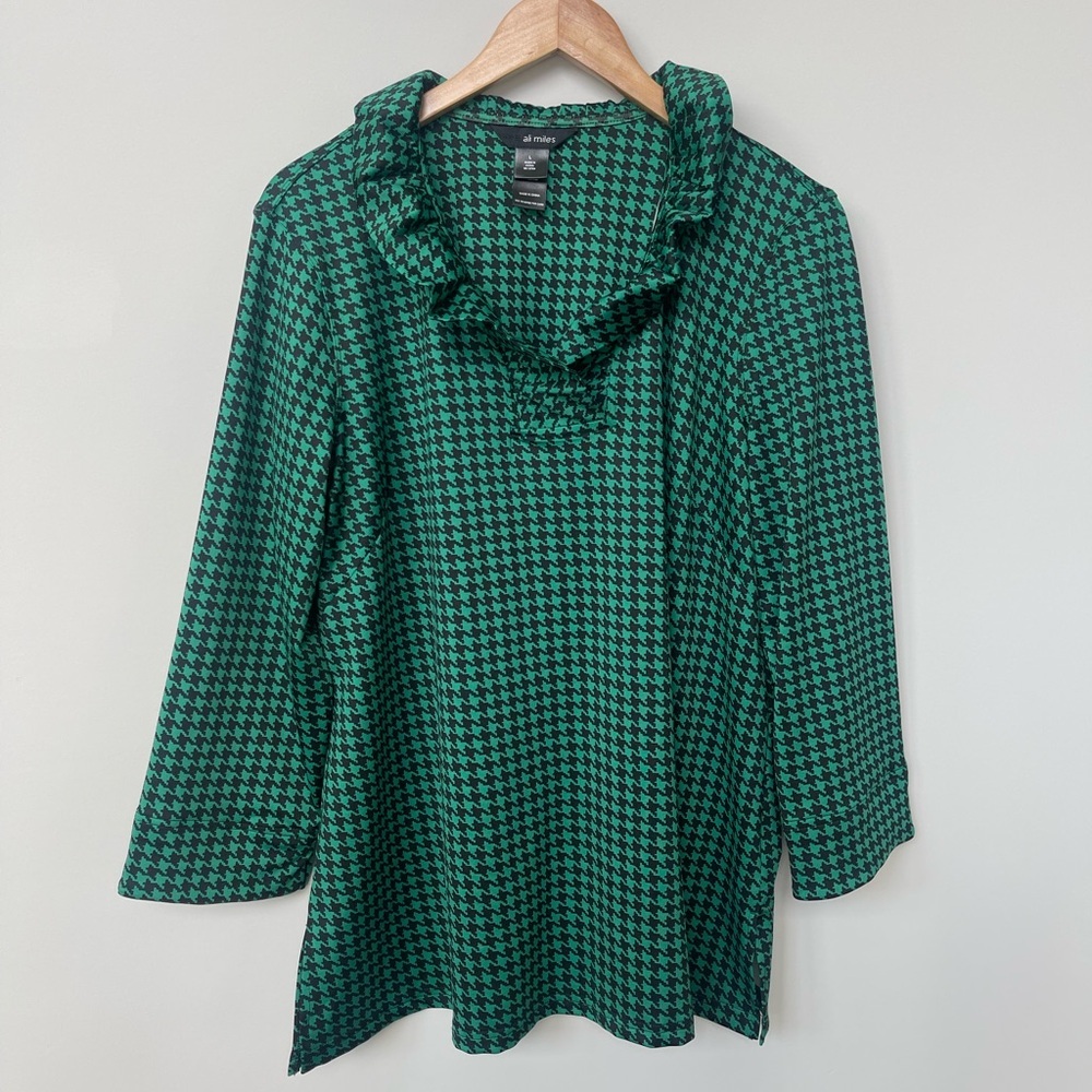 ali miles | Black Green Houndstooth Ruffle Collared Blouse Stretch Minimalist